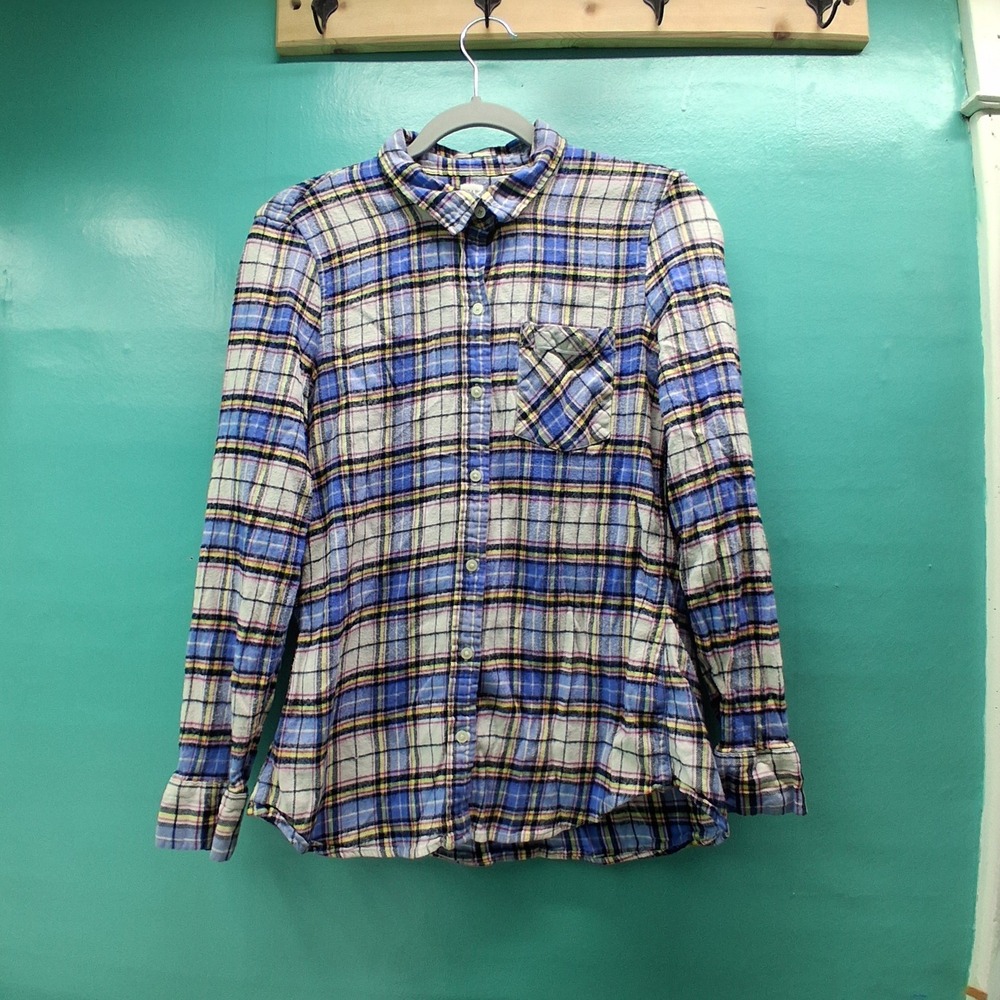GAP Plaid Button Down Shirt L Blue White Yellow Flannel Soft Grunge Cabin Core